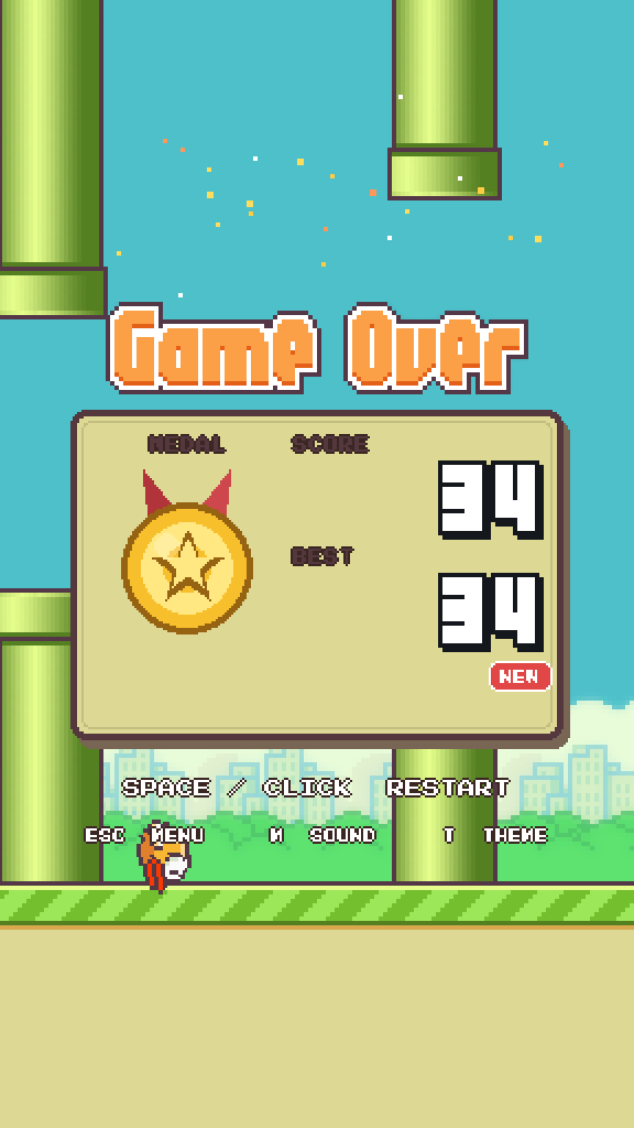 Game over screen with a gold medal and score panel.