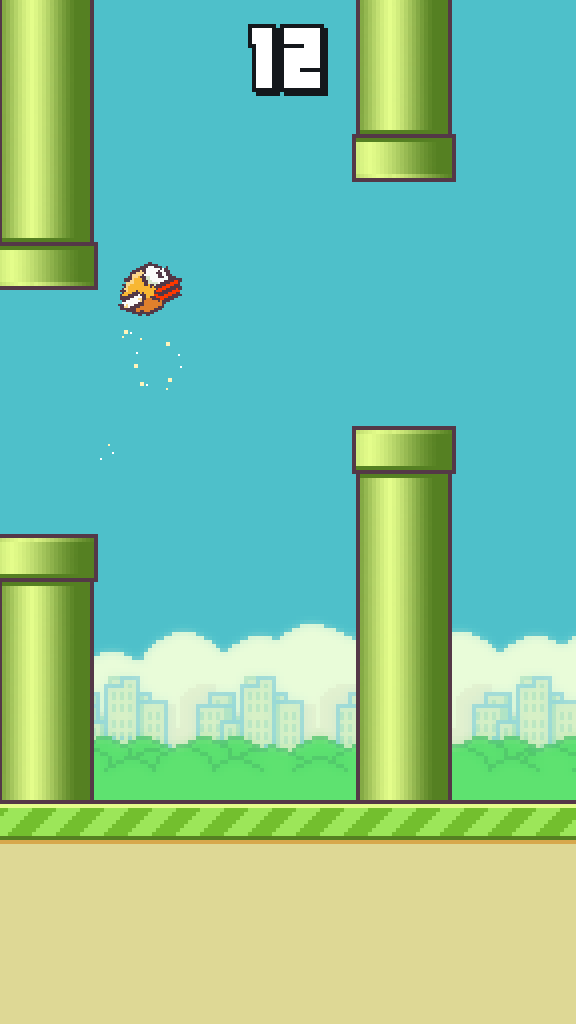 Gameplay screenshot with green pipes, the score at the top and a yellow bird.