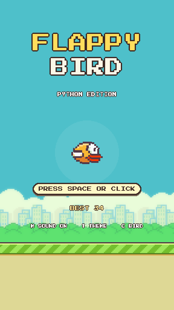 Flappy Bird start screen with the title and a bobbing yellow bird.